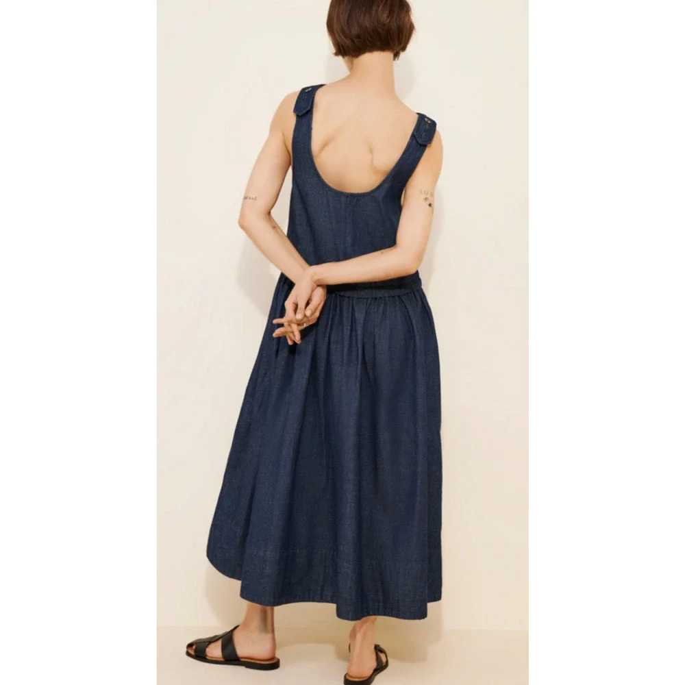 NEW FREE PEOPLE DARK WASH SORAYA DENIM MIDI DRESS SZ S